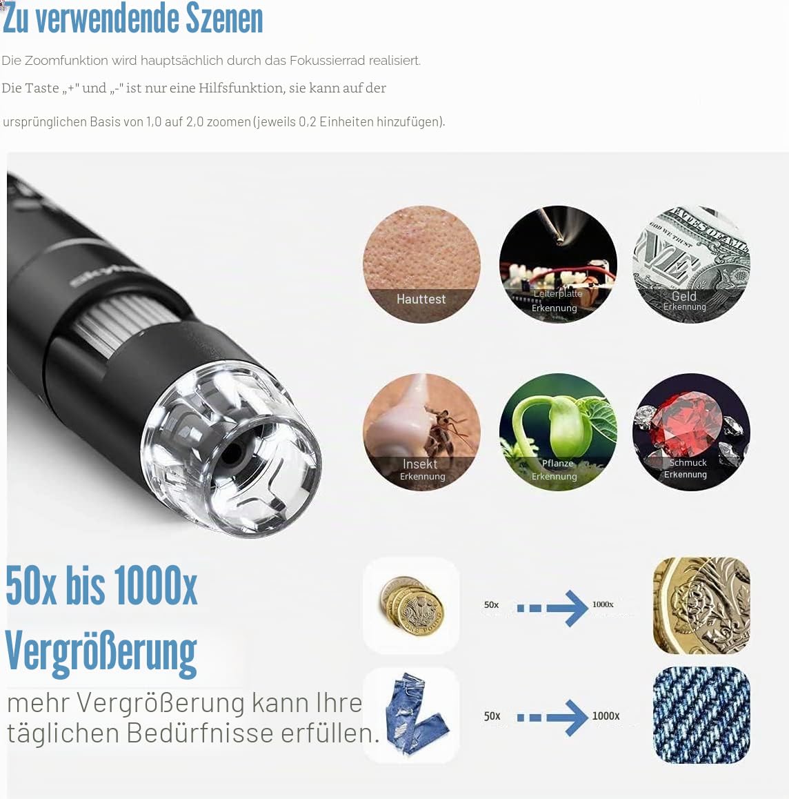 Skybasic Digitales Mikroskop 50X-1000X WiFi 2.0 MP 8 LED Handgehalten