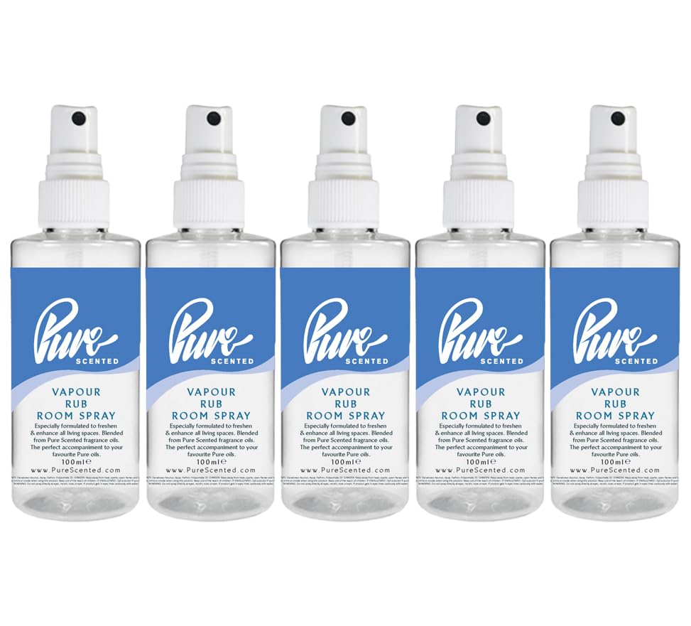 Pure Scented 500ml Room & Fabric Sprays 5 x 100ml Suitable For Home, Car, Caravan, Work, Gym Bags, Odour Eliminators (5 x 100ml, Vapour Rub)