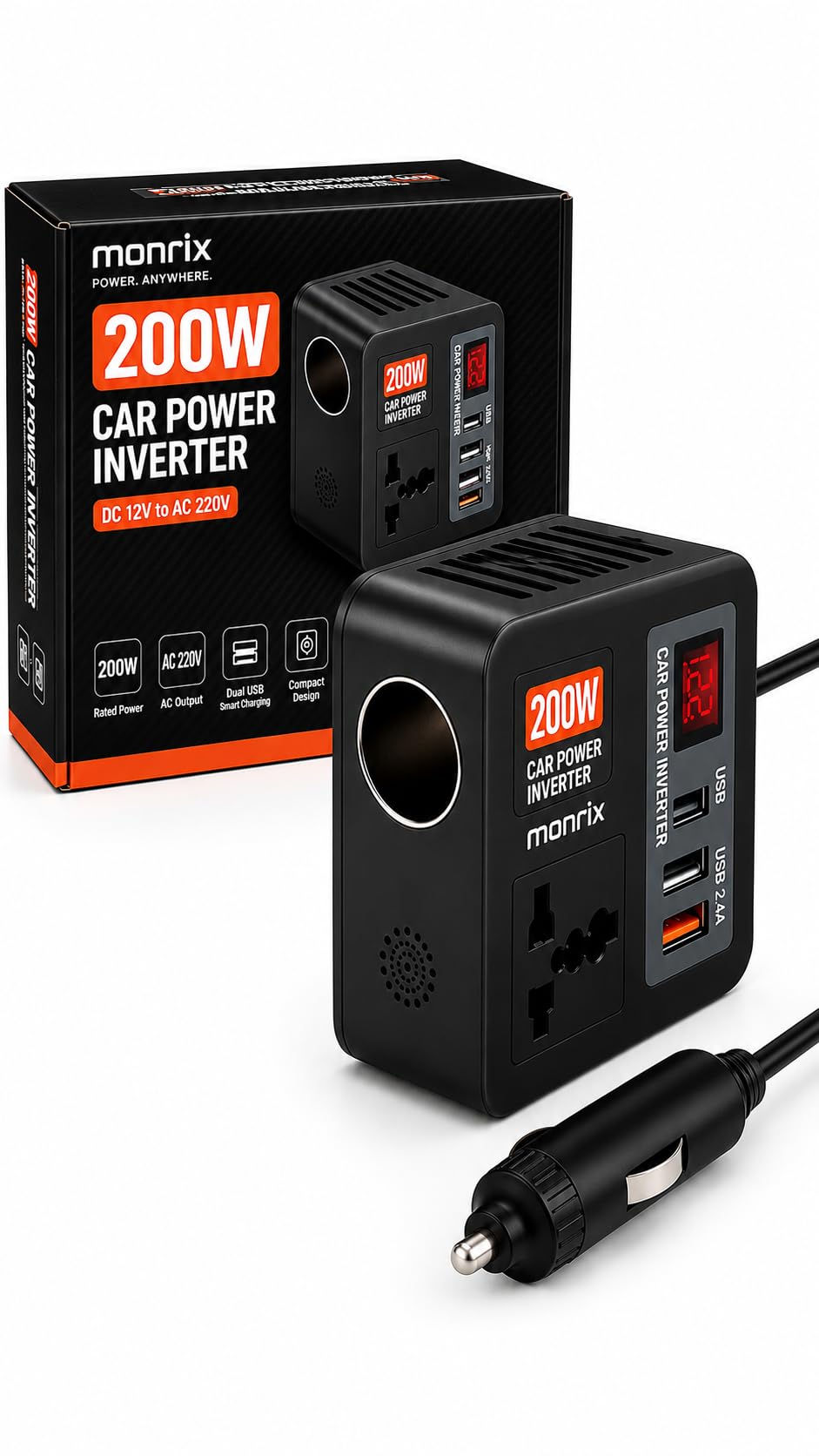 Monrix 200W Car Power Inverter with 2 USB Ports (18W & 15W QC3.0), 1 USB-C 30W PD, 2 AC Universal Outlets, 12V DC to 220V AC Converter for Laptop, Phone, and Electronics Charging (Plug Car Charger)-image-2