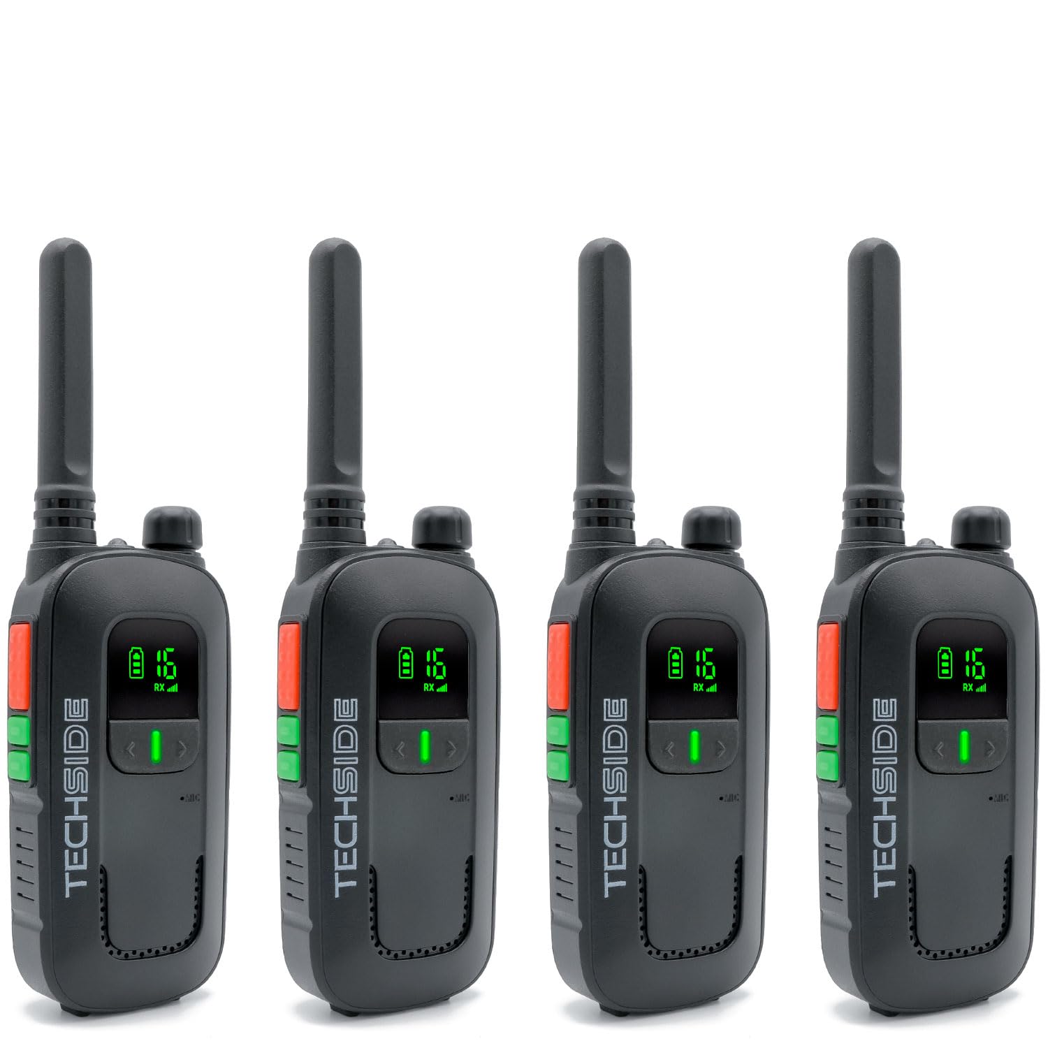 Techside TS-T2 Ricetrasmittente Professionale Walkie Talkie 16 Canali PMR446 (Libero Uso) | Vox a 5 Livelli | Scansione Automatica Canali | Auricolare e Caricatore USB Full Optional | Set 4 Pezzi