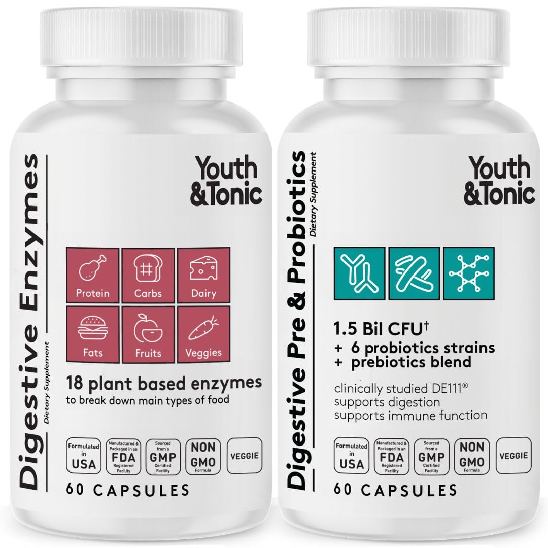 Youth & Tonic Digestive Supplement for Bloating, Regularity & Gut Health. Full Spectrum Enzymes Probiotics & Prebiotics for Digestion to Break Down Food and to Use Daily, for Women & Men – 120 Pills