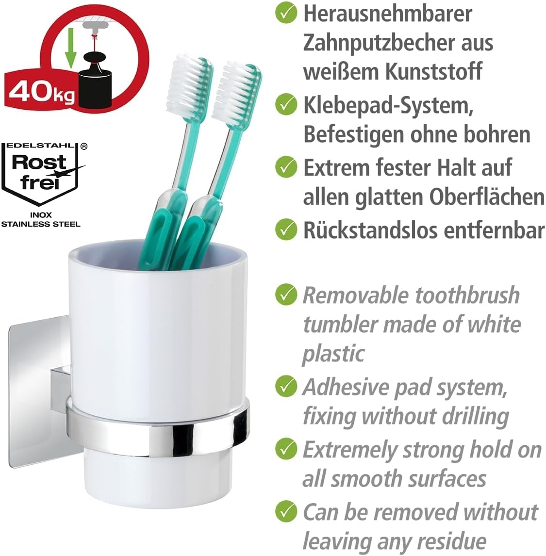Wenko Turbo-Loc Quadro Chrome Toothbrush Holder, 7 x 10 x 9.5 cm, for Toothbrush and Toothpaste, No Drilling Required