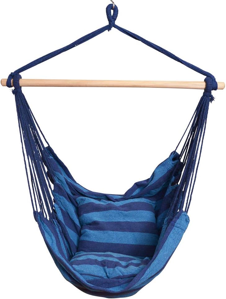 PRIME GARDEN Comfort Hanging Hammock Chair, Rope Swing Chair with 2 Cushions for Indoor or Outdoor -- Max. 275 Lbs/Seaside Blue Stripe