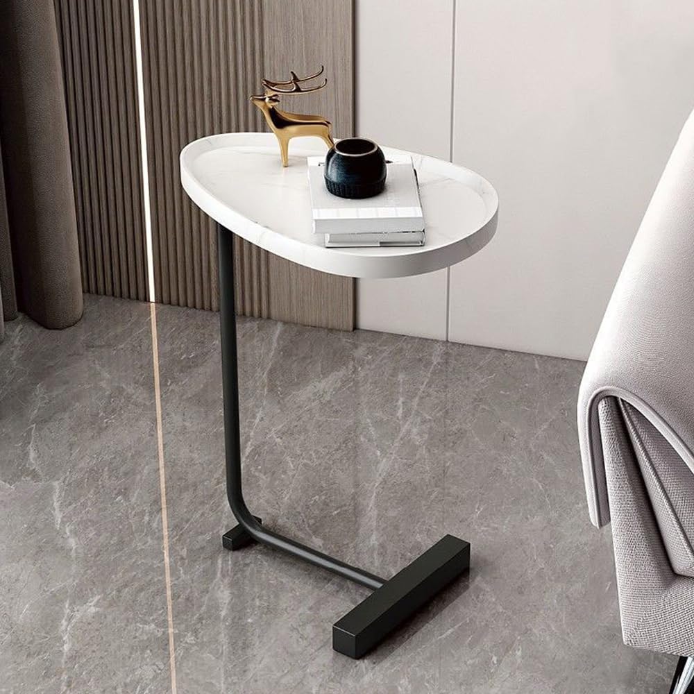 Zucng Narrow Side Table C Shaped End Table, Modern Sofa Side Table with Metal Frame, Coffee Snack Couch Table for Living Room, Bedroom, Bedside (Black+White Tray)