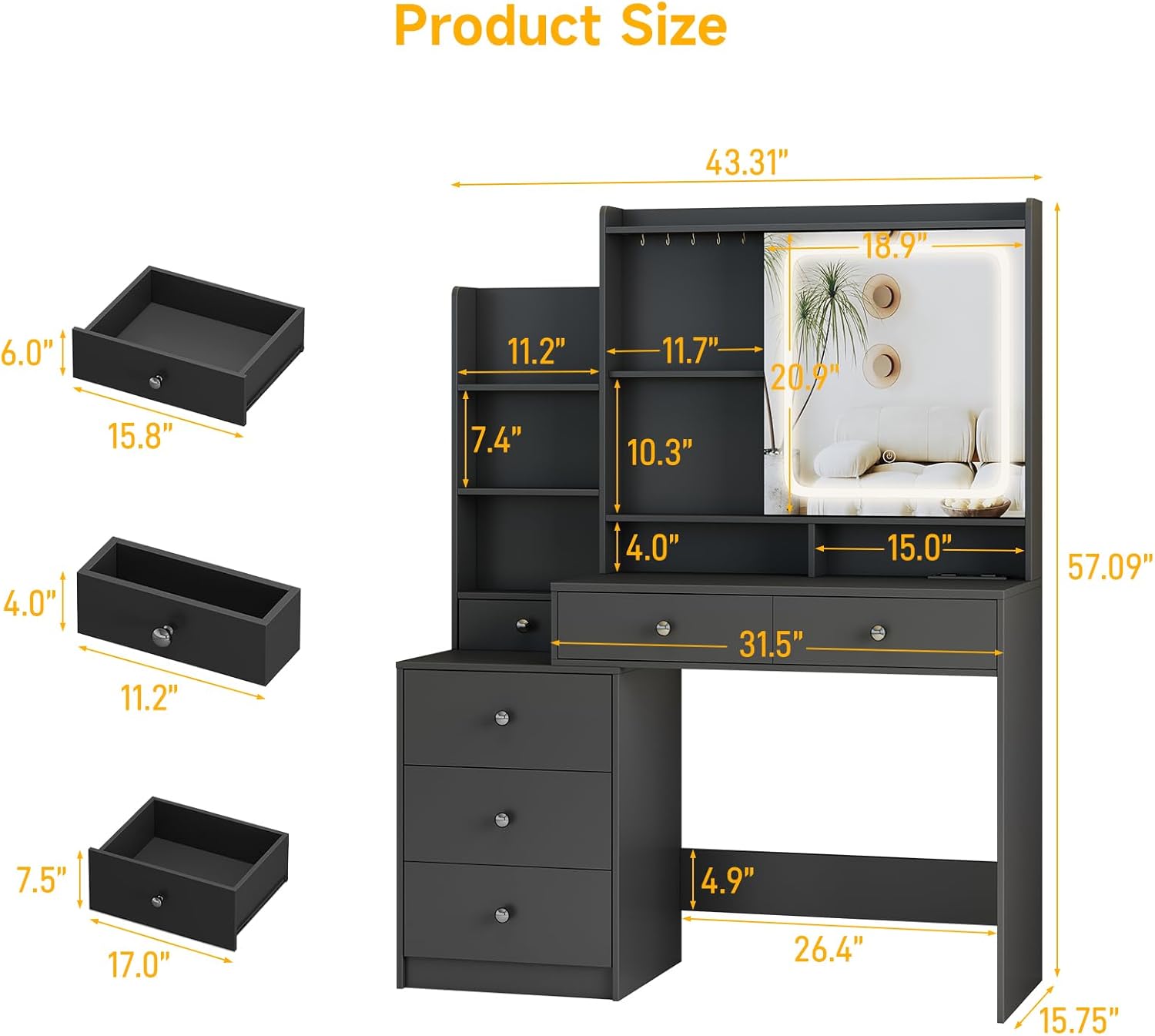 Vanity Desk with Mirror and Lights, Makeup Vanity Table with 6 Drawers & Shelves and 5 Hooks, 3 Lighting Modes & Adjustable Brightness Dressing Table with Power Outlet for Bedroom Dressing Room, Black