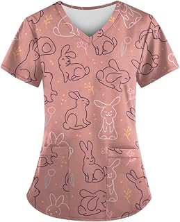 Tunic Women's Summer Top Women's Top Short Women Casual Easter Day Printed Short Sleeve V-Neck Holiday Fun Patterned Work T-Shirts Blouse Tops with Pockets Women's T-Shirt with Print, pink, XXXXL