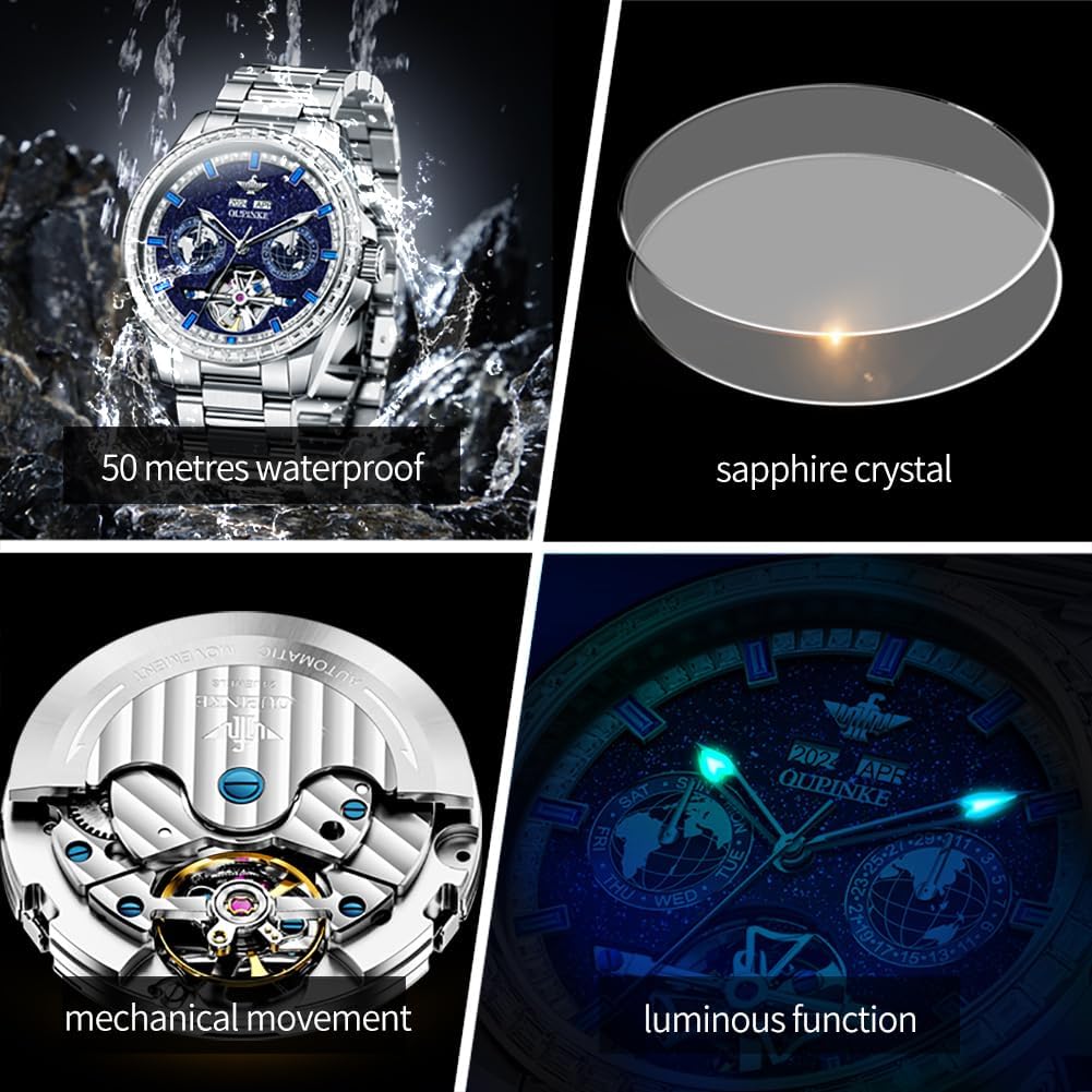 OUPINKE Mens Automatic Watches Diamond Skeleton Self Winding Luxury Dress Wrist Watch Sapphire Crystal Tungsten Steel - Image 6