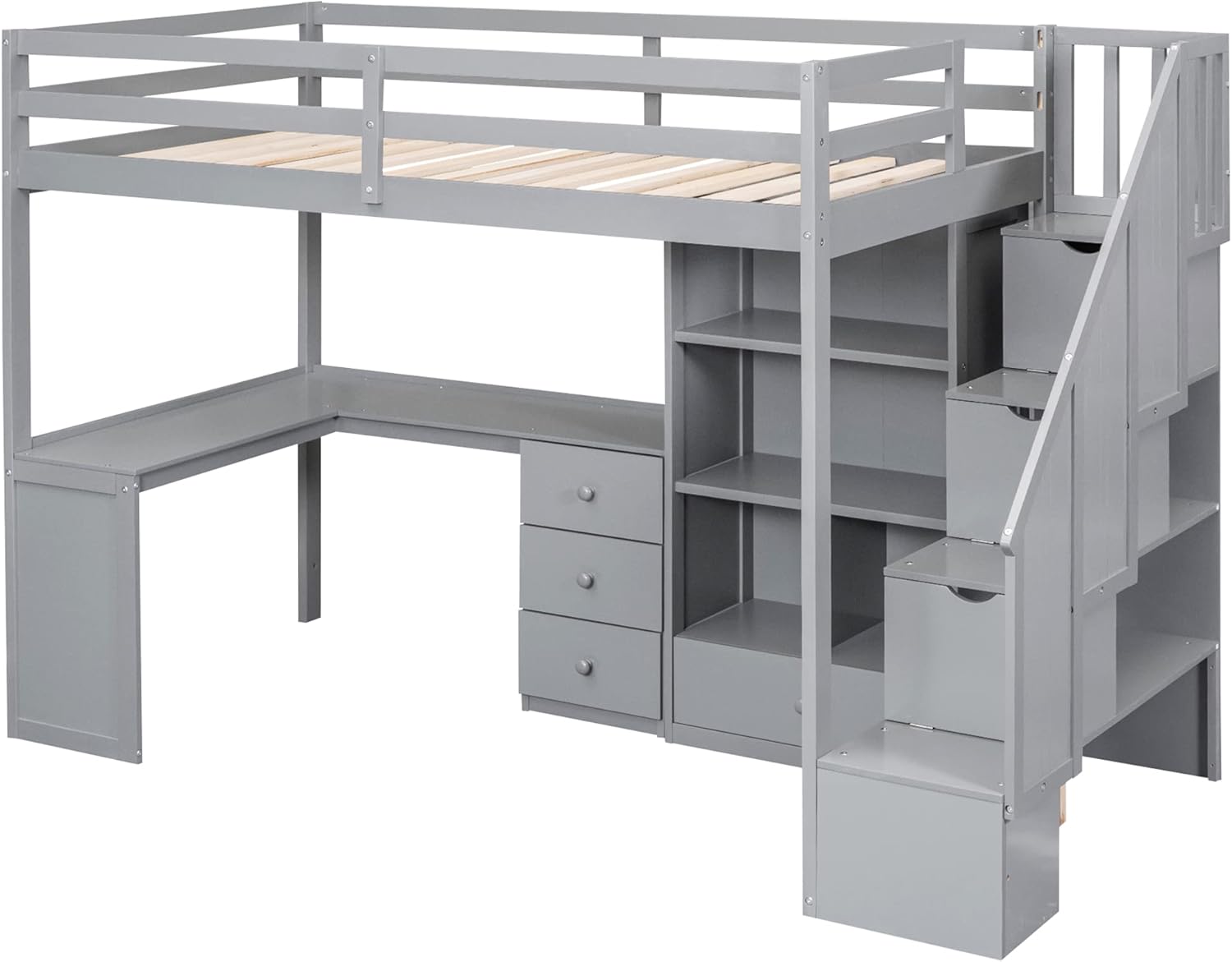 Merax Twin Size Loft Bed with Built-in L-Shaped Desk, Storage Staircase & Drawers – Space-Saving Study Bed with Cabinet, Shelves for Small Room, Grey