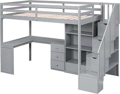 Miniatura 44 de Harper & Bright Designs Cama tipo loft de tamaño individual con escalera de almacenamiento y 2 armarios, cama tipo loft individual para niños con 2