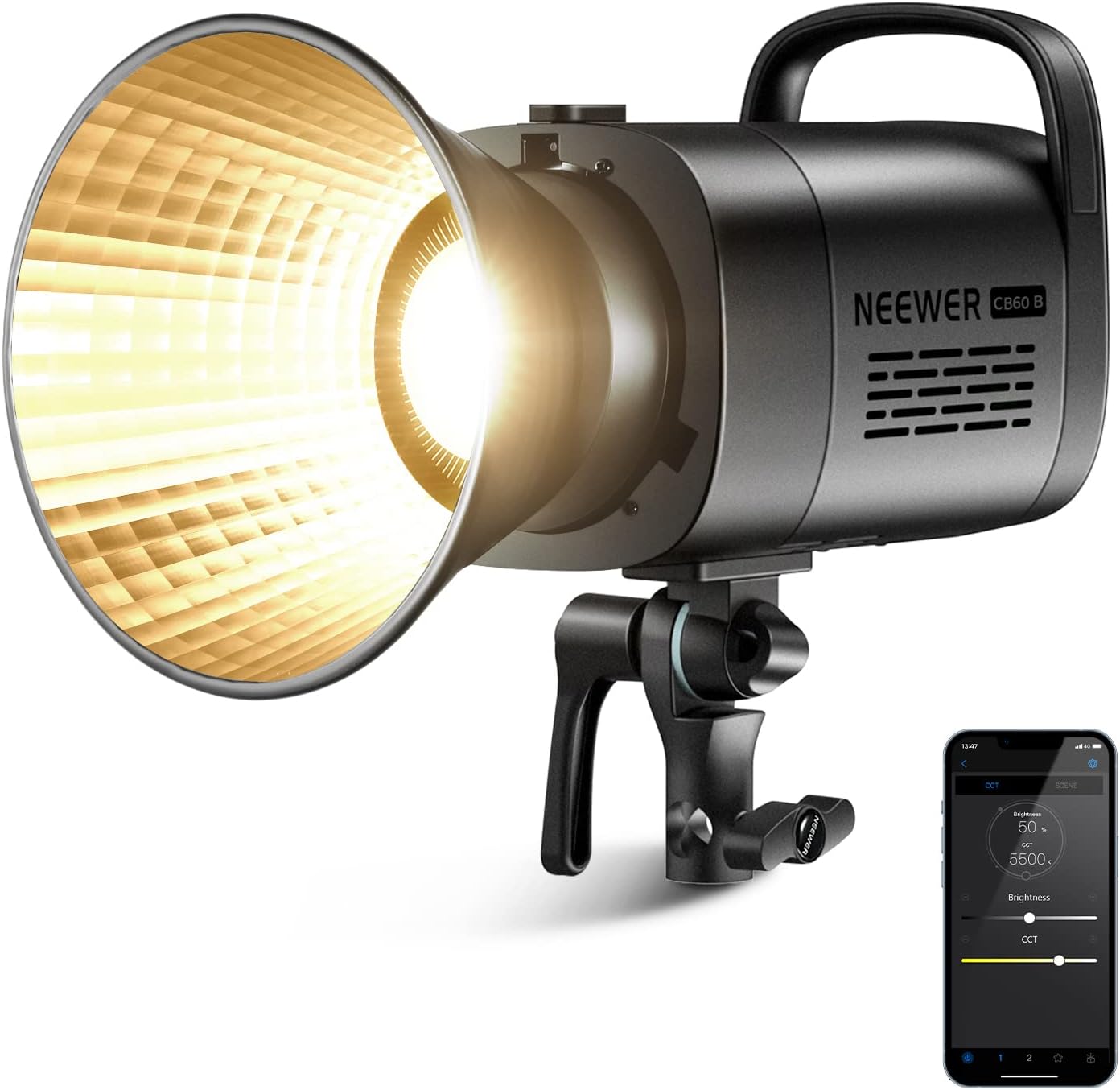 CB60B 70W LED Video Light with 2.4G/APP Control, COB Bi Color Bowens Mount Continuous Output Lighting 2700K-6500K 34000Lux/1m CRI97+/12 Effects for Studio/Outdoor Photography/Video Recording