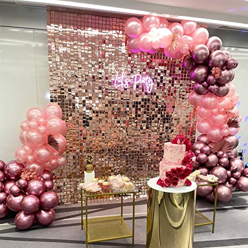 Image of COKAOBE Rose Gold Shimmer Wall Backdrop, 24PCS Square Sequin Shimmer Backdrop Panels, Photo Backdrops for Birthday, Anniversary Wedding Engagement Decoration
