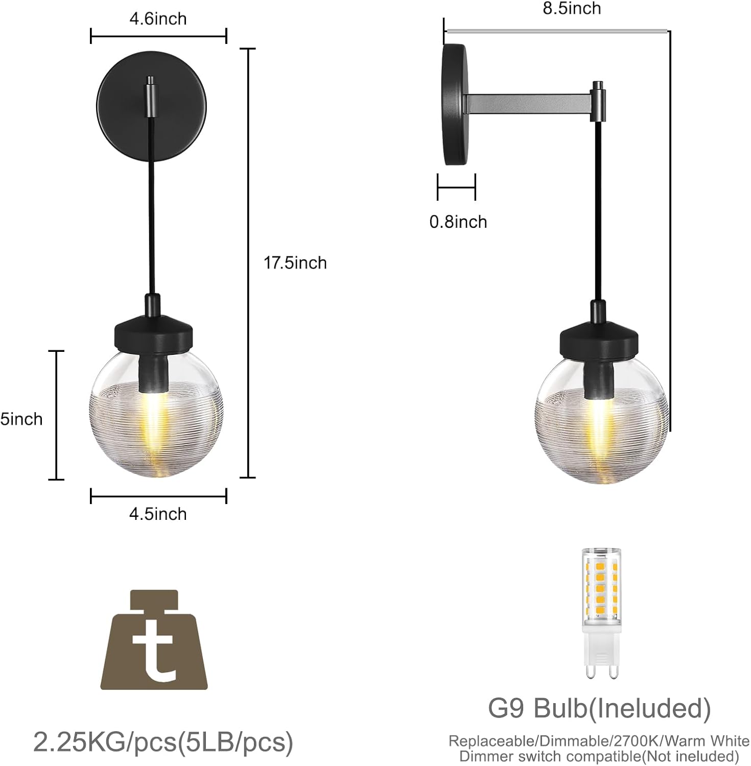 Globe Wall Sconce Black,Carved Striped Glass Bathroom Sconces Rope Wall Light Bedside Vanity Lighting Fixtures Hardwired Indoor Wall Lamp Modern Wall Sconces for Living Room Bedroom Hallway (2-Pack )