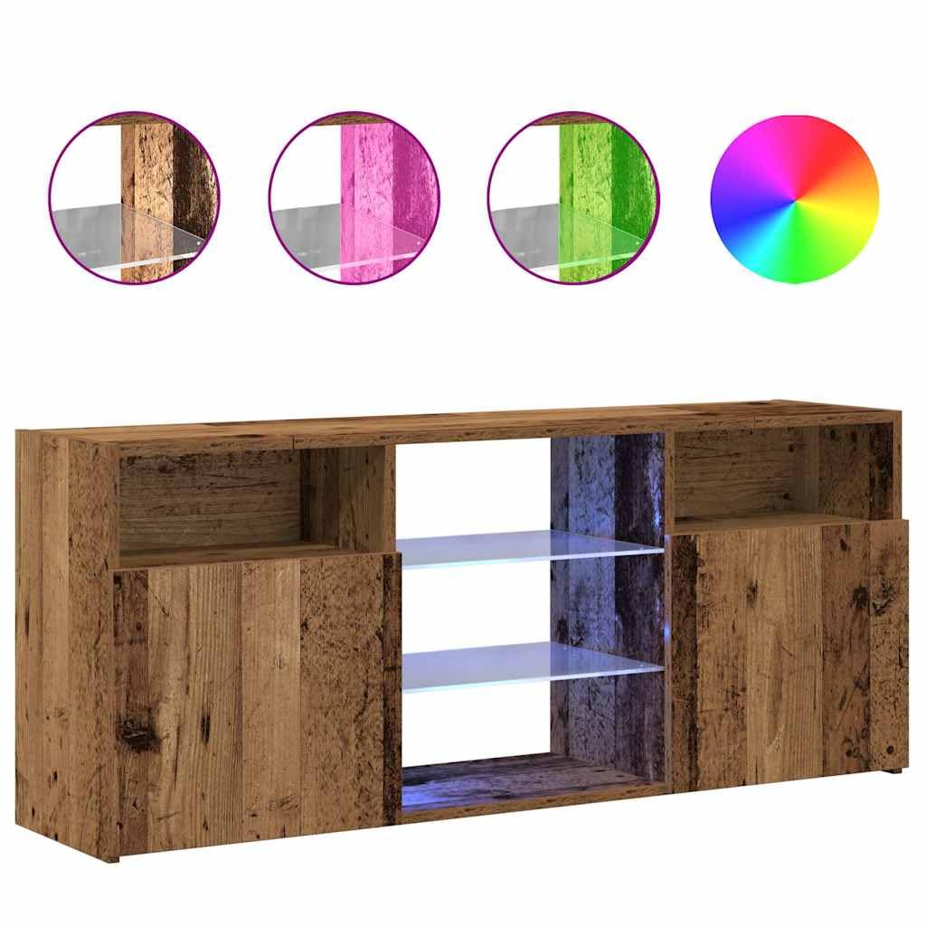 Stolik RTV pod TV z oświetleniem LED RGB, Szafka pod telewizor stare drewno, 120x30x50 cm, mebel z przegrodami do przechowywania do salonu