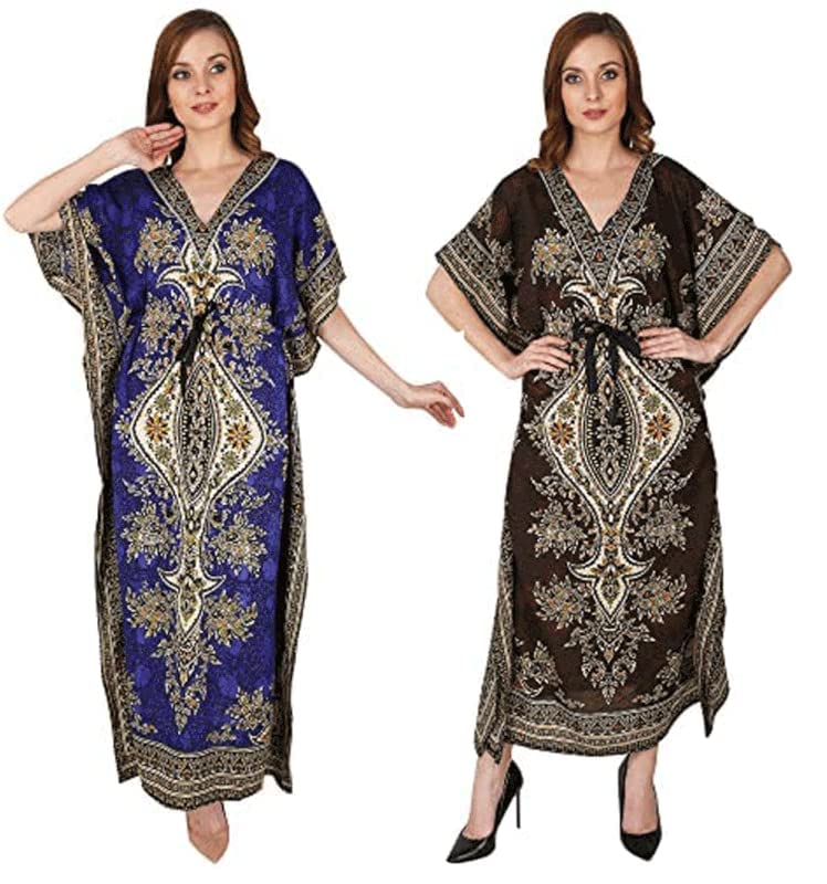 Combo Pack of 2 Women's Kaftan Dress Beach Ladies Sleepwear Night Gown Robe V-Neck Cover Up Night Wear (Multicolor, Free Size)