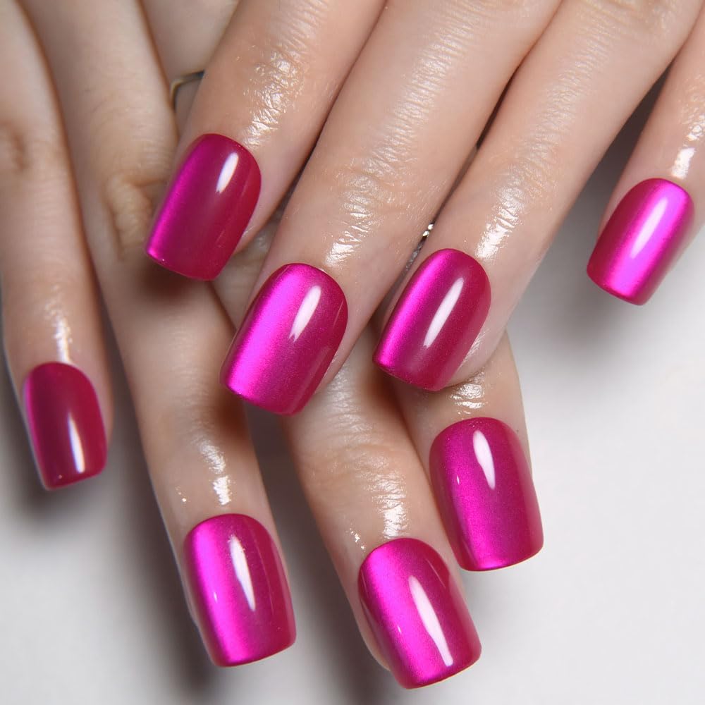 evpct Hot Pink Cat Eye Short Square Press on Nails for Women, Rose Red Short Square No Glue Stick on Nails with Cat Eye Design, Metallic Glitter