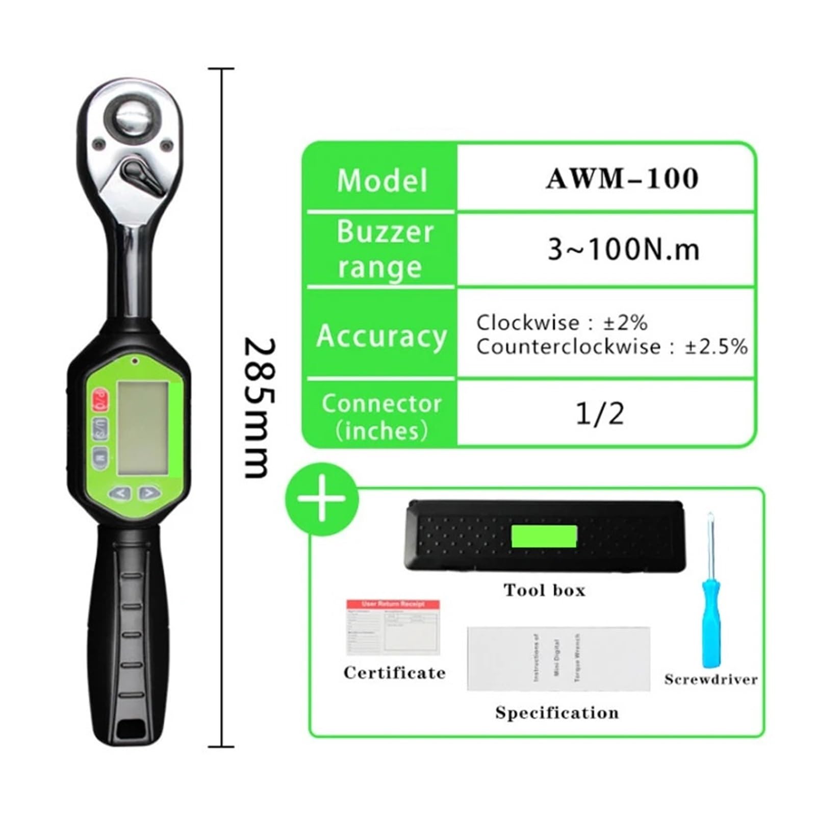 Zestaw śrubokrętów Torx Klucz dynamometryczny cyfrowy 1/2 10N.M~100N.M Klucz przenośny dwukierunkowy(AWM 100)