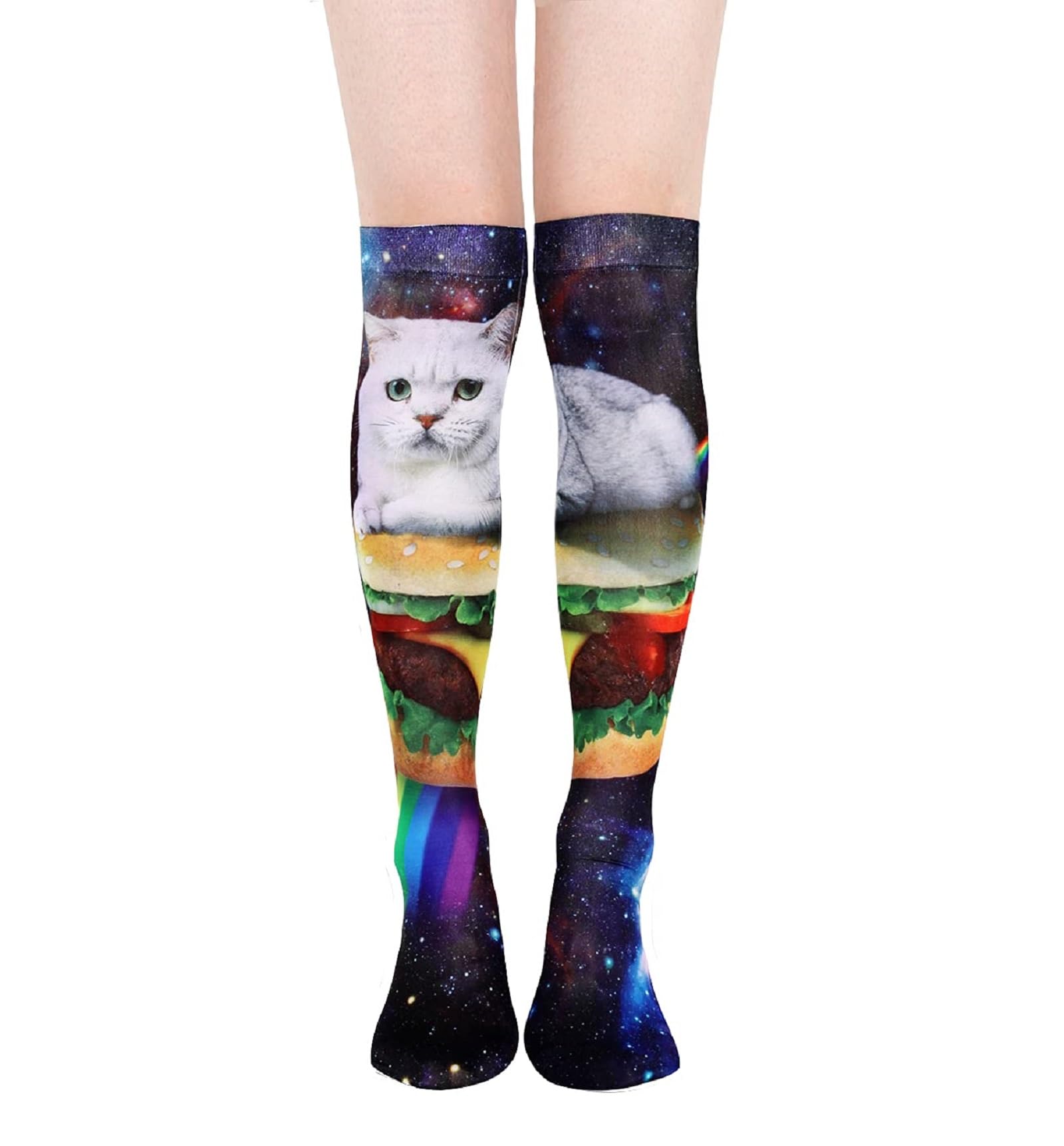 Photo 1 of Benefeet Sox Women Girls Funny Novelty Knee High Socks Funky Silky Ultrathin Long Soft 3D Print Patterned Socks Cute Galaxy Cat Socks Crazy Costume Cosplay Stockings Cat Lover Gifts, Space Cat Burger
