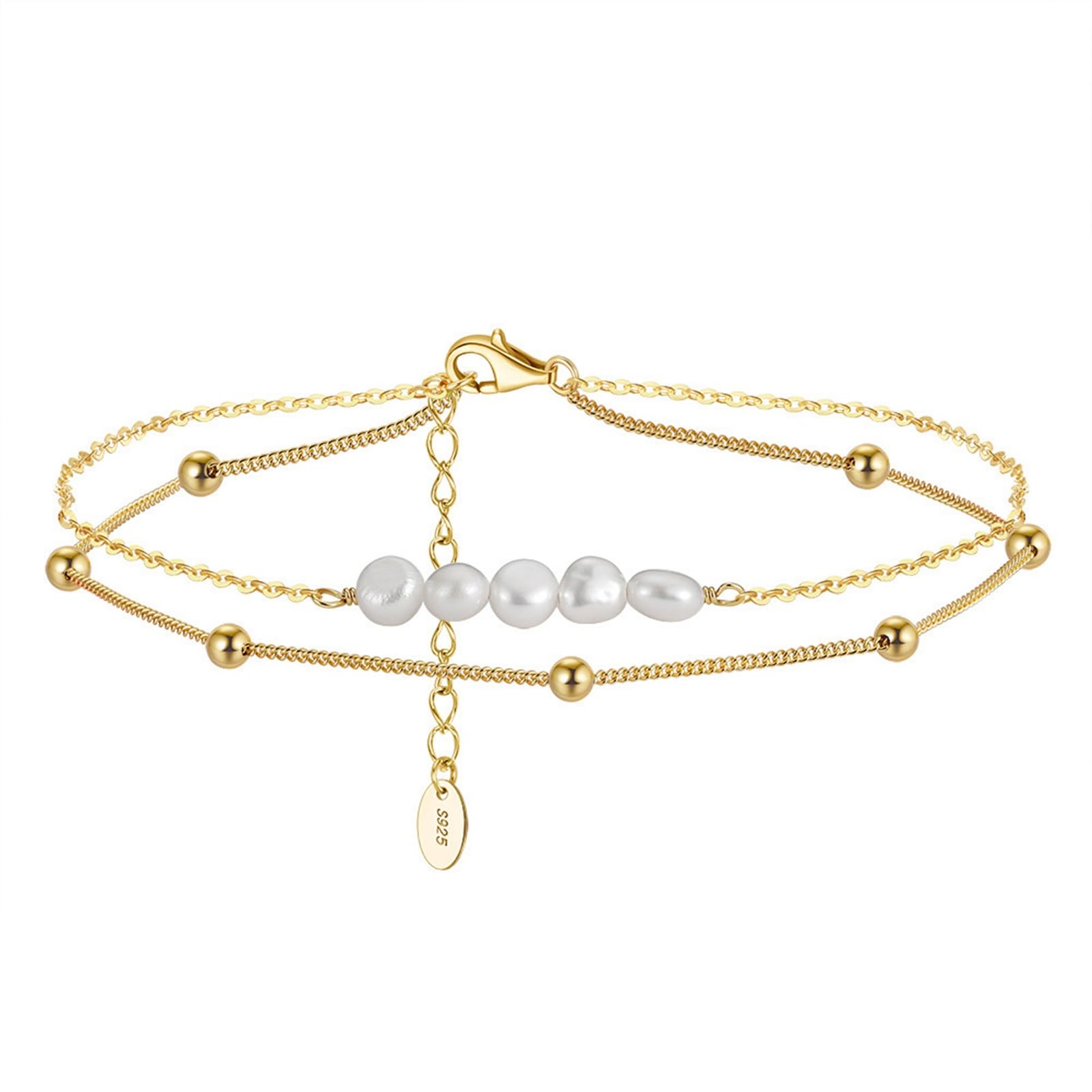 Tobillera de plata de ley 925 para mujeres y niñas, cadena de doble capa con cuentas y pulseras de tobillo de perlas, joyería de regalo de cumpleaños
