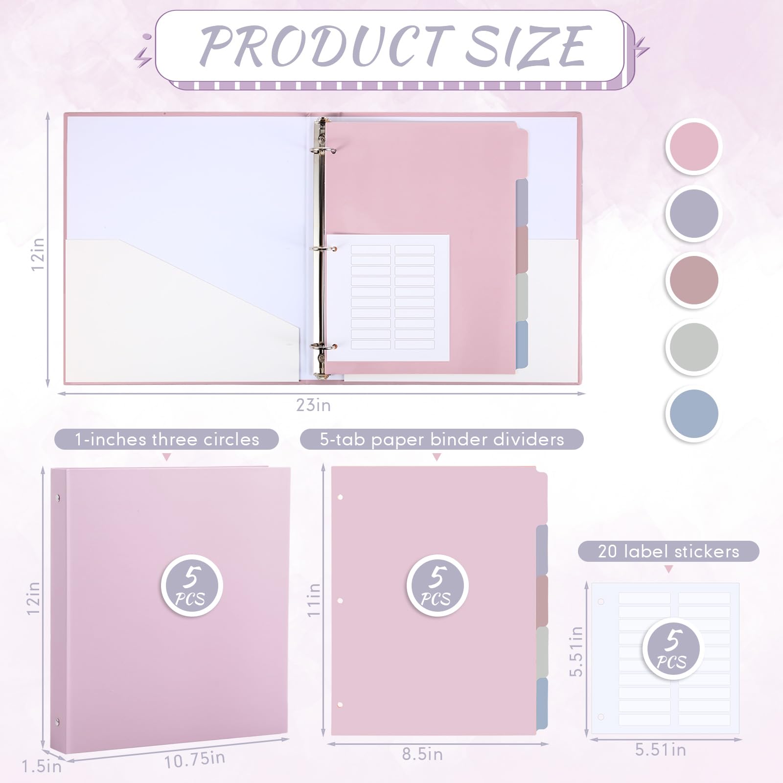 Ctosree 5 set di raccoglitori a 3 anelli da 2,5 cm, con 2 tasche con 5 divisori per linguette, pellicola di plastica e etichette per cartelle di file per carta formato lettera, scuola, ufficio, casa,