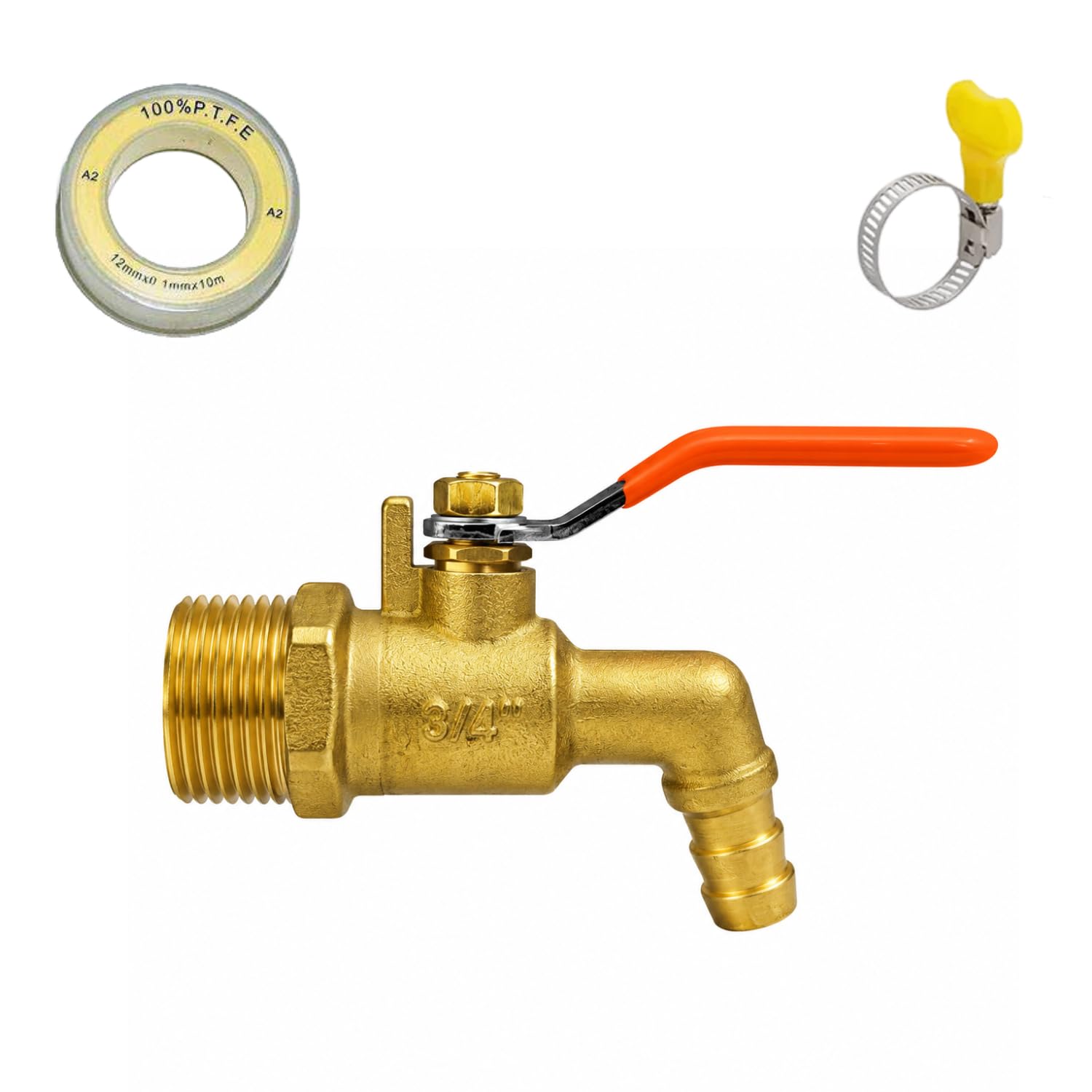 Forged Brass Nozzle Bib Cock 3/4" Outer Thread Size | 12mm Slim Hose | Clamp & Teflone Tape for Bathroom | Kitchen | Garden Taps| Washing Machine Tap | Outdoor Taps (Multi Purpose Tap)-image-22