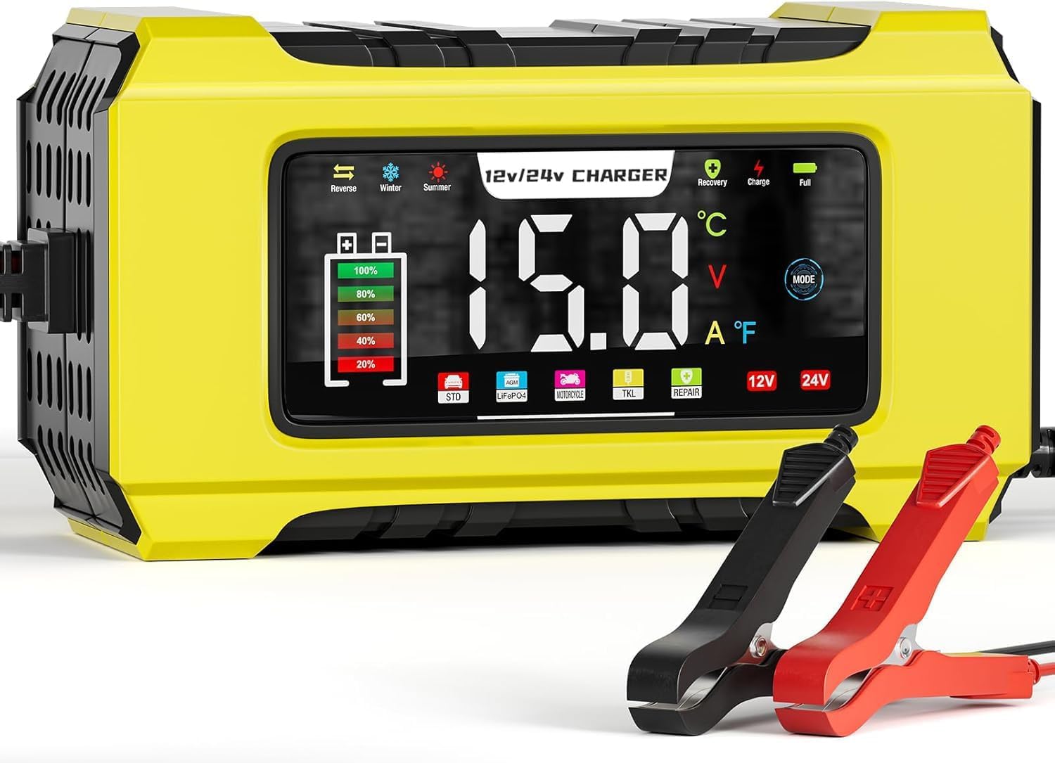 15A Autobatterie Ladegerät, 12V 24V Batterie Ladegerät 9-stufiges Intelligentes Ladegerat Autobatteri mit LCD-Bildschirm für Auto, AGM, Gel Blei-Säure-Batterien und LiFePO4-Batterien