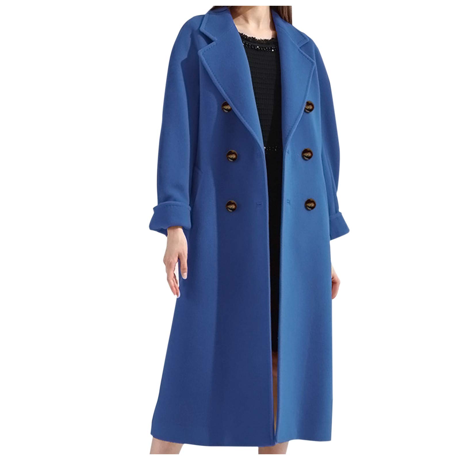 Lapel Slim Fit długi płaszcz damski płaszcz trencz odzież wierzchnia wiatrówka płaszcz damski płaszcz zimowy, NIEBIESKI, L