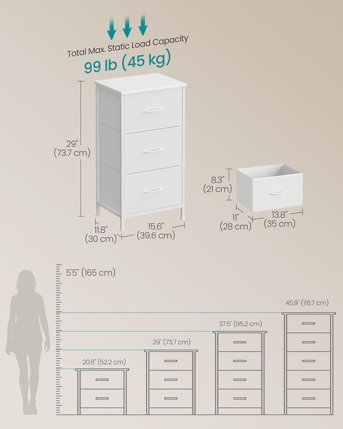 SONGMICS Dresser for Bedroom, Chest of Drawers, Steel, MDF, 3 Non-Woven Fabric Drawers, Storage Organizer Unit, Closet, Entryway, Cloud White and Snow White ULGS313W01S