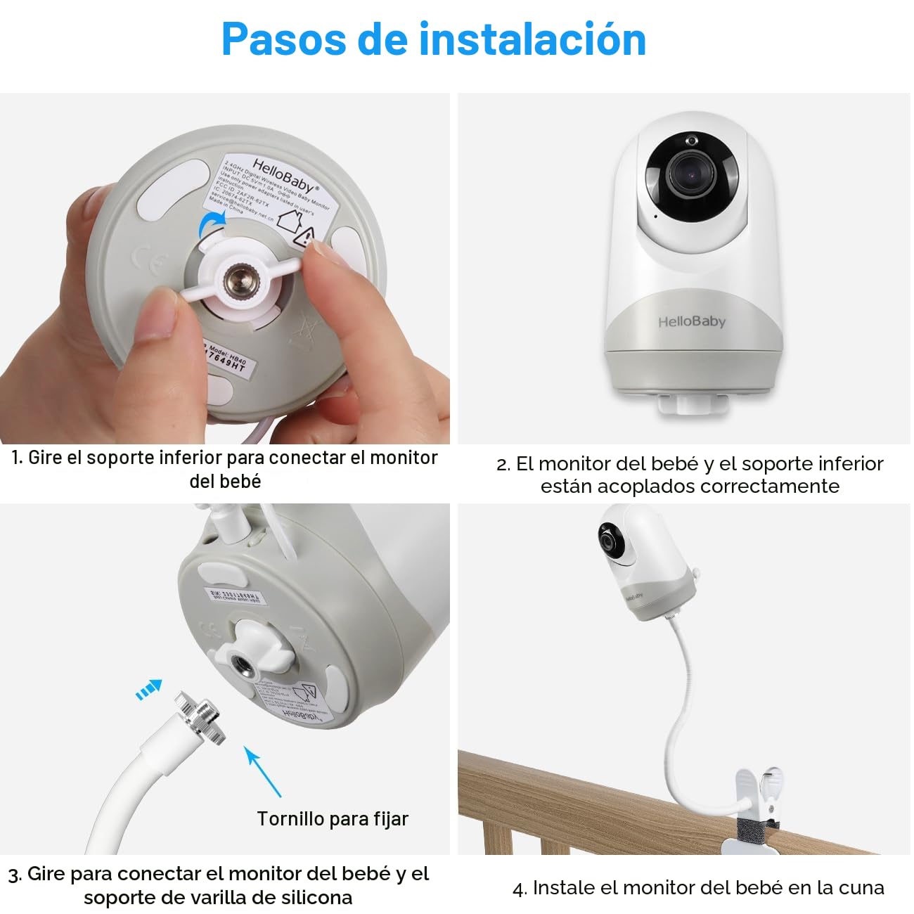 Soporte para monitor de bebé para monitor de video Hello Baby, soporte flexible para cámara de bebé, soporte de cámara de bebé para cuna, compatible con monitor de bebé HelloBaby
