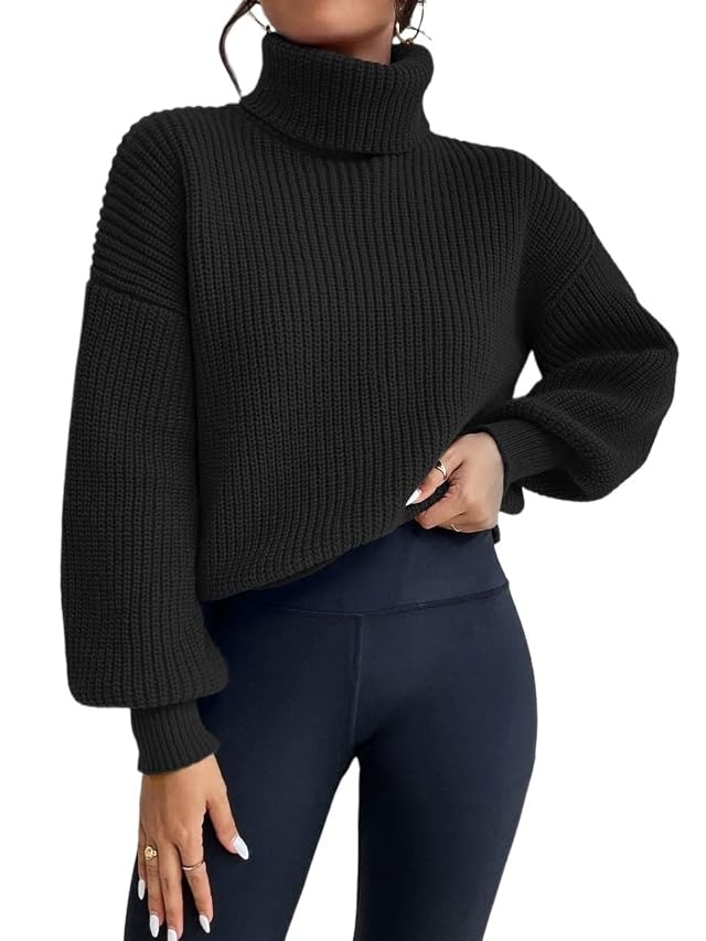 Womens Long Sleeve Turtleneck Pullover Sweaters Tops Rib-Knit Drop Shoulder Fall Winter Outfits