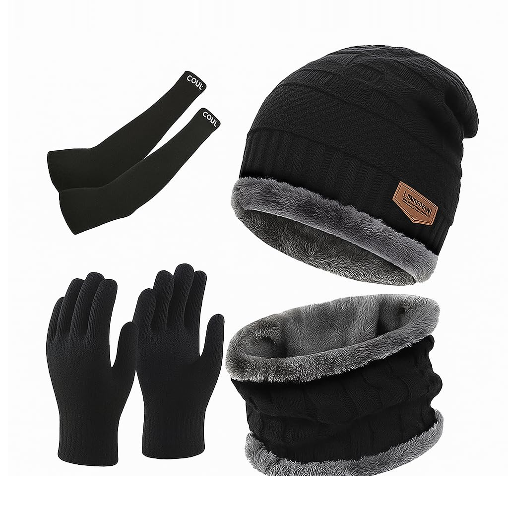 KHOWAAL Winter COMBO Accessories Set with Beanie Hat, Neck Warmer, Gloves and Arm Sleeves, Fleece Lined, Black