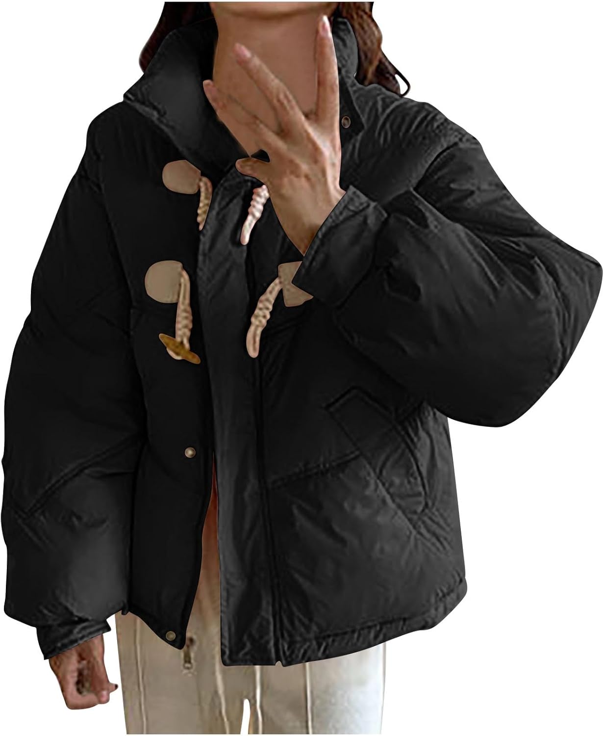 Women's Winter Long Sleeve Zip Quilted Puffer Jacket Stand Collar Baggy Thick Warm Crop Padded Down Coats with Pockets