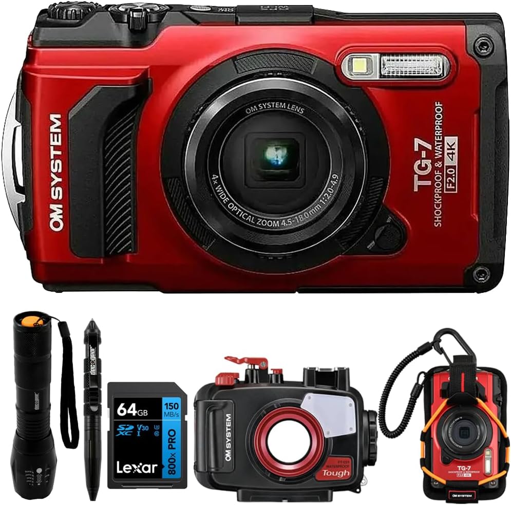OM Digital Solutions Tough TG‑7 12MP 4K Underwater Digital Camera (Red) Adventure Bundle with PT‑059 Underwater Housing, Sports Holder, Outdoor Flashlight Pen Set & Lexar 64GB SDXC Card