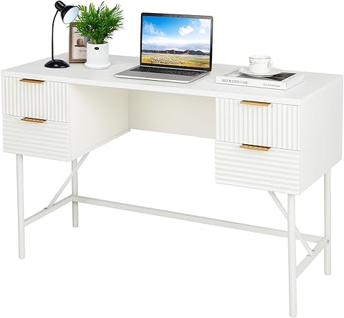 Miniatura 1 de Tangkula Escritorio blanco con 4 cajones, escritorio de oficina en casa de 48 pulgadas con almacenamiento, escritorio moderno para computadora,