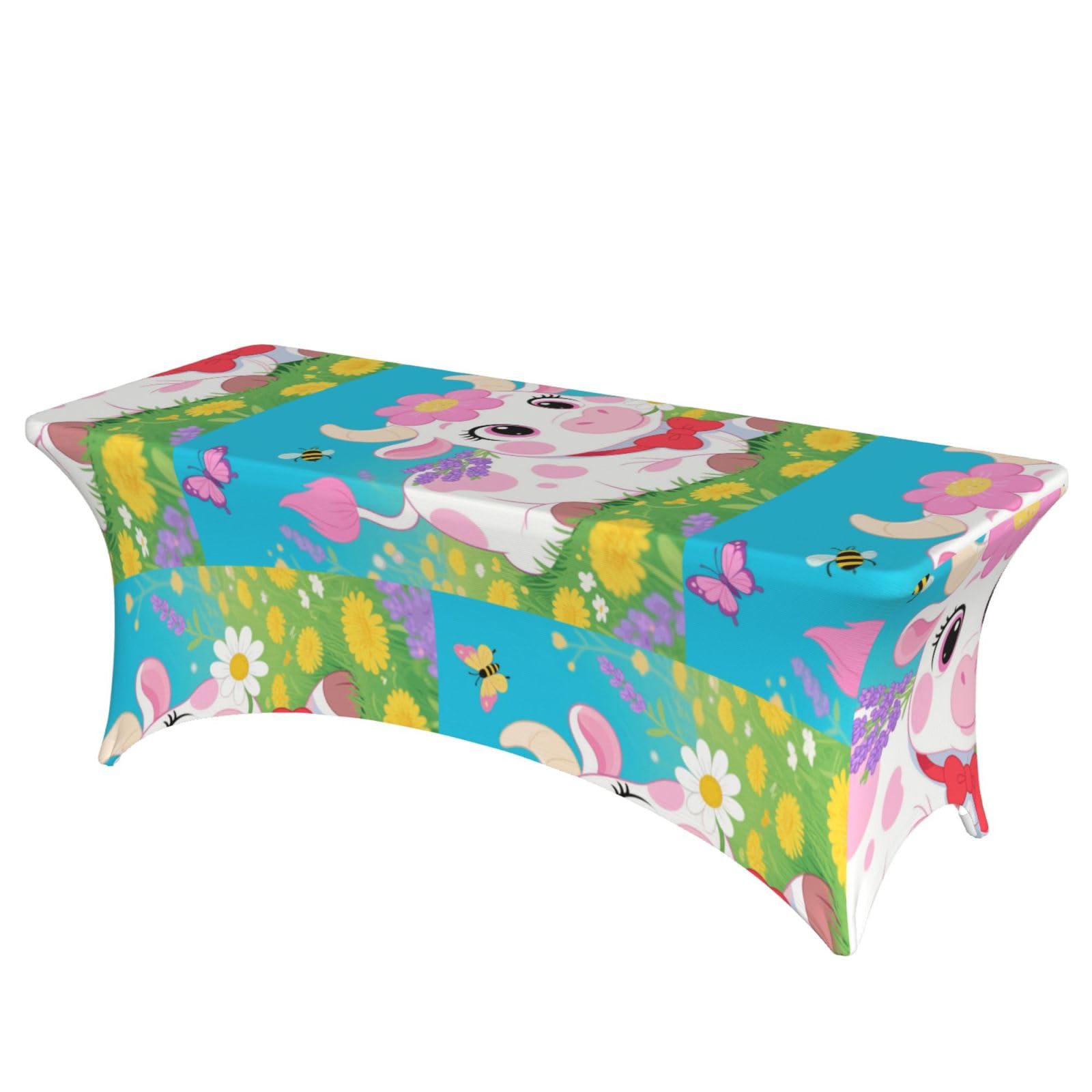 LMNGH Spring Cute Flower Cow Decorative Tablecloth Protector for Wedding, Banquet & Parties6FT Spandex Rectangle Tablecloths, Stretch Washable Table Cloth Wrinkle Free Patio Table Cover