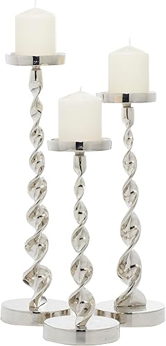 Deco 79 Portavelas decorativo de metal de aluminio, juego de 3 candelabros de 19 pulgadas, 16 pulgadas, 13 pulgadas de alto, plateado
