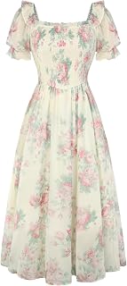 SCARLETDARKNESS Women's Scarlet Darkness Floral Puff Sleeve Square Neck A-Line Flowy Midi Dress - Summer Wedding Guest Tea Party