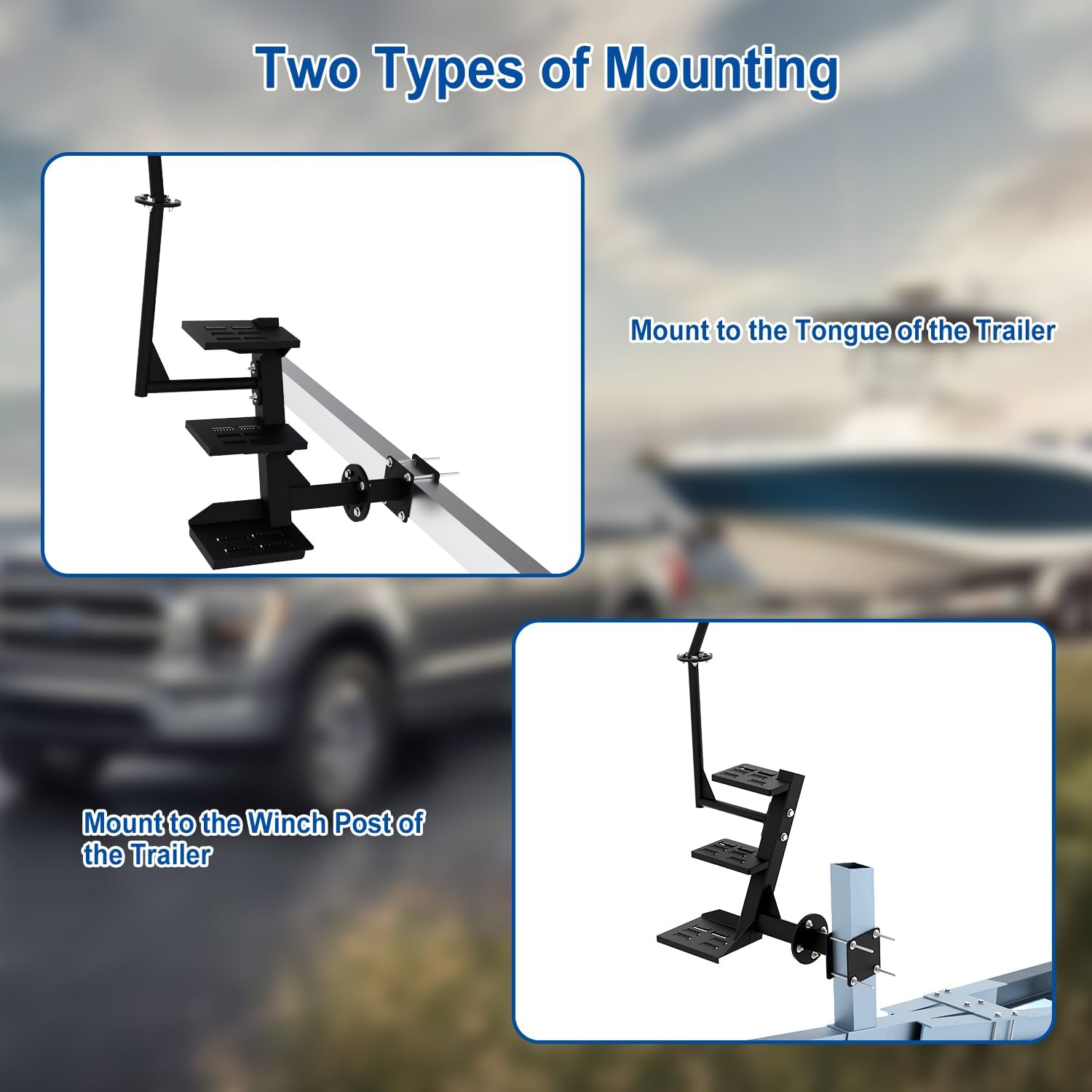 Adjustable Boat Steps for Trailer, Boat Trailer Steps with Anti-Slip Steps, Boat Trailer Tongue Steps for Bass Boat Trailer Pontoon Boats, Boat Trailer Steps for The Tongue with Handrail