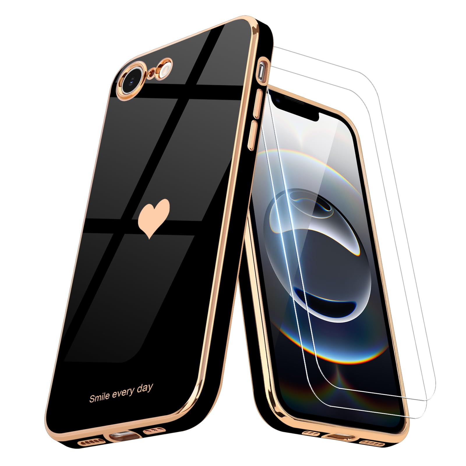 Teageo for iPhone 16E Case with Screen Protector [2 Pack] for Girl Women Cute Girly Love-Heart Luxury Gold Soft Cover Camera Protection Silicone