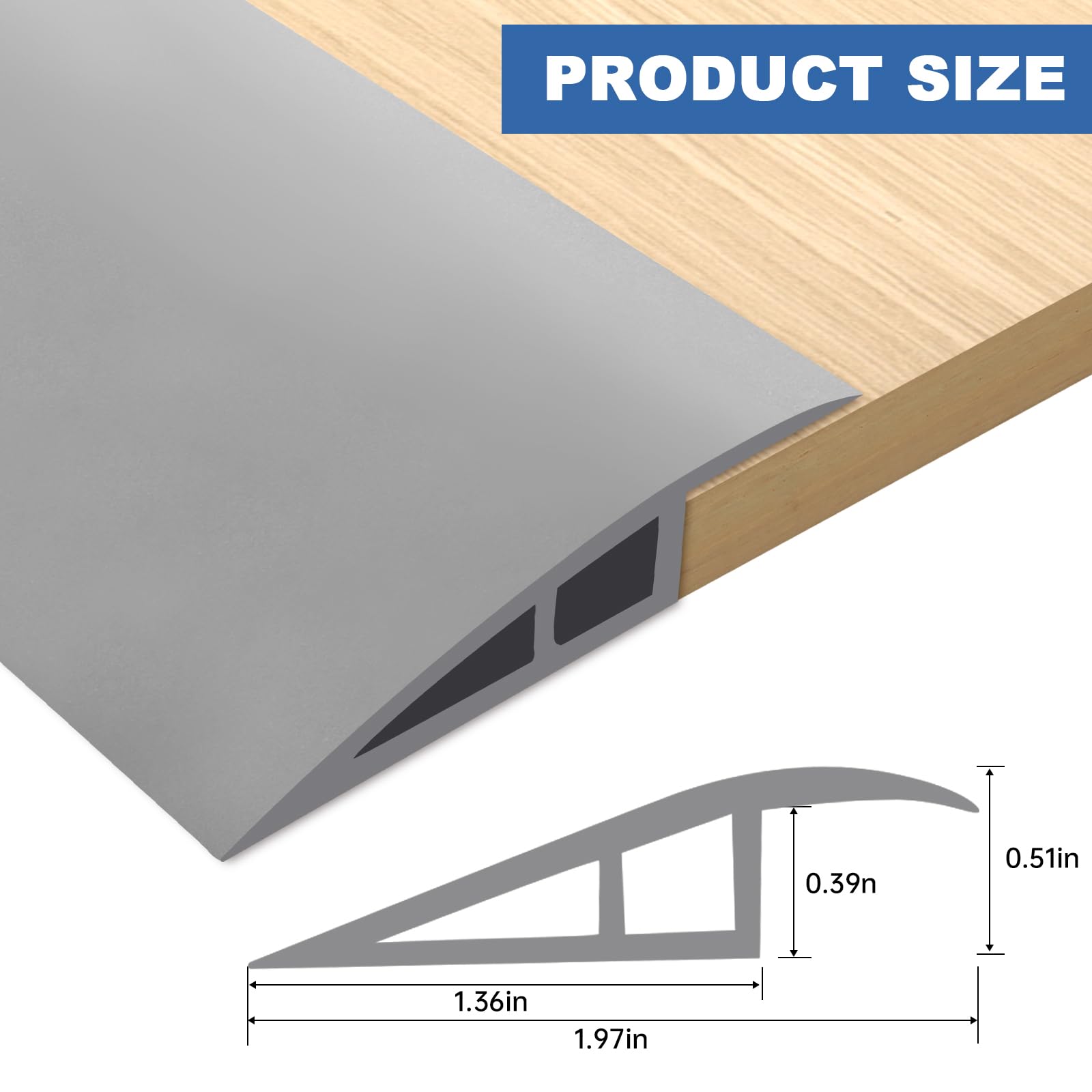 Tira de transición de suelo de vinilo para umbral de puerta de suelo, tira de transición autoadhesiva para borde de puerta laminado de 1/5 a 2/5 pulgadas (gris, 3.3 pies)