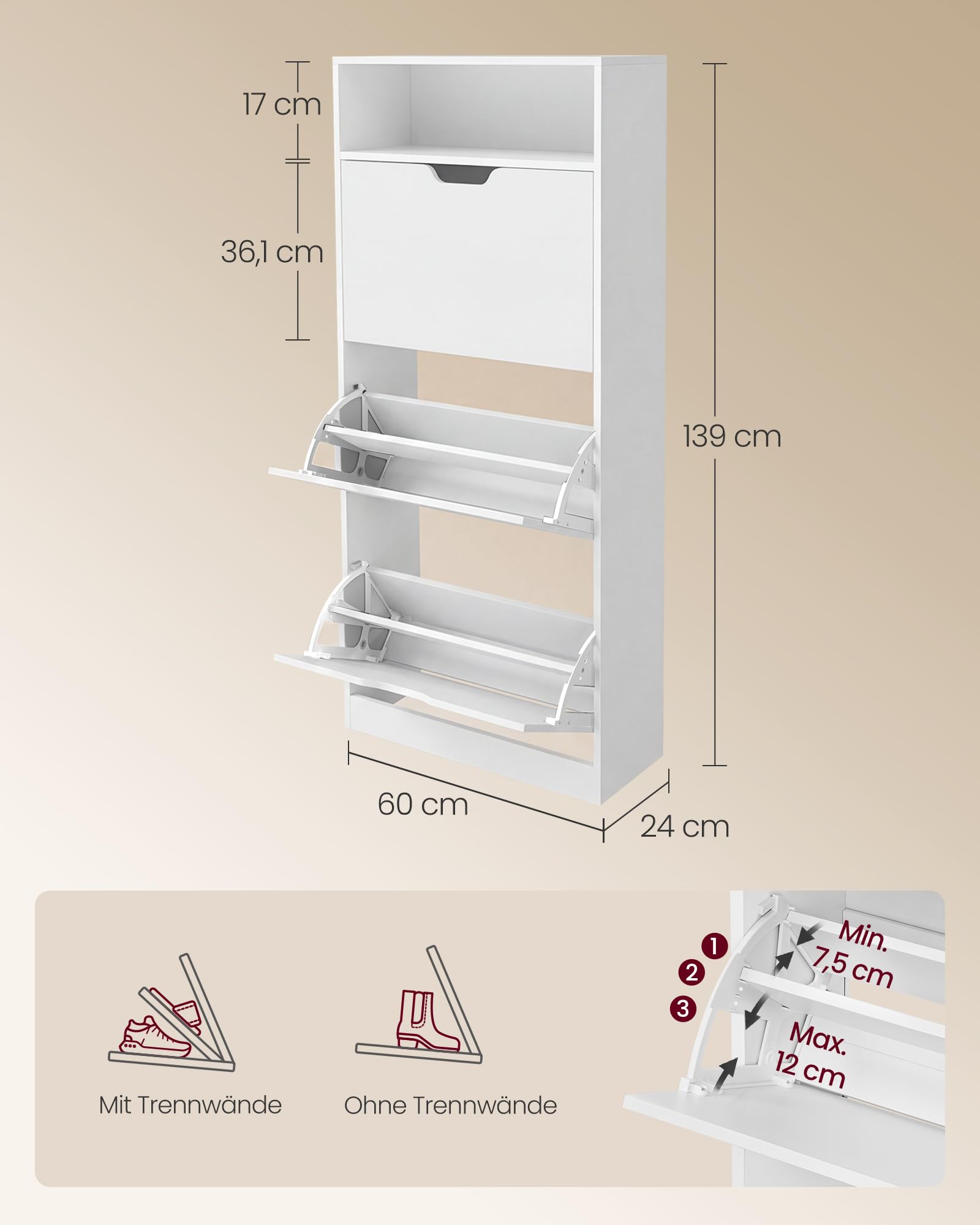 VASAGLE Custos Kollektion Schuhschrank 3 Klappen 24 x 60 x 139 cm 15-18 Paar Schuhe wolkenweiß