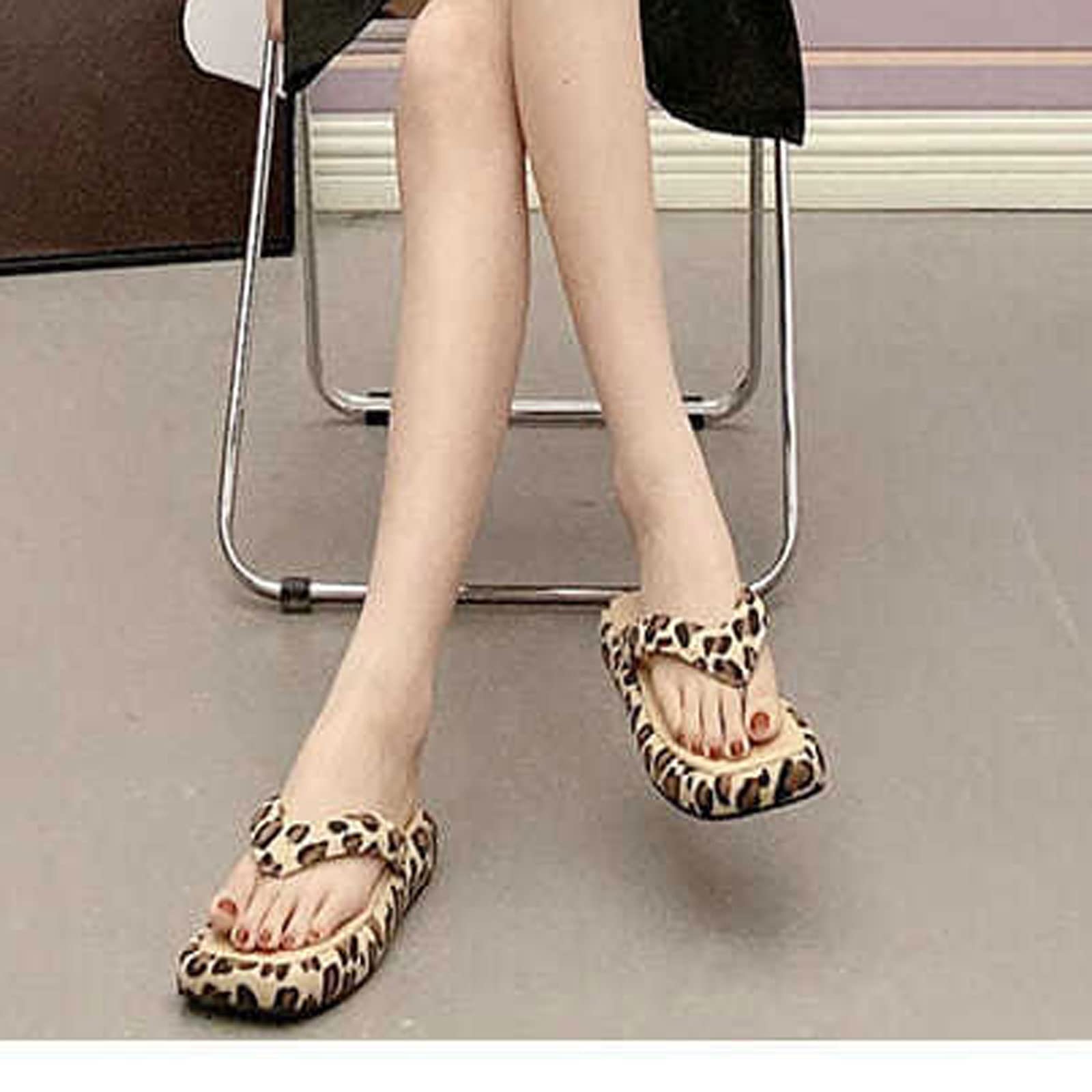 Zapatillas para Mujeres Chanclas de Fondo Gruesas para Mujeres diseñador de Estampado de Leopardo Clip de Punta de los pies de la Plataforma de Color Mixto Femenino Zapatos de Playa 38-39fits 37-38