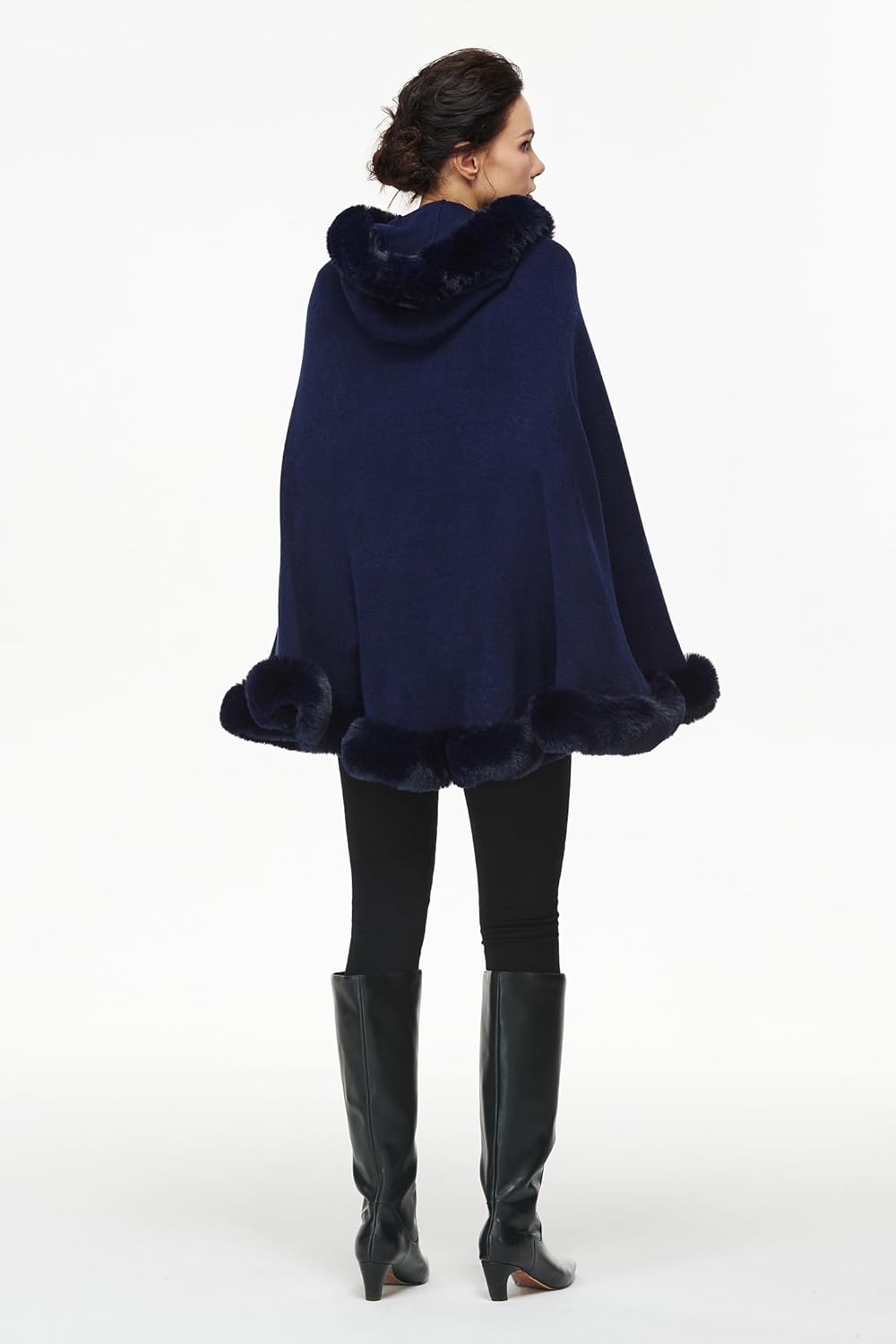 Poncho Hooded Shawl Wrap Women Cape Winter Faux Fur Trim Coat Sleeveless Cardigan Dressy Cloak for Party - Image 4