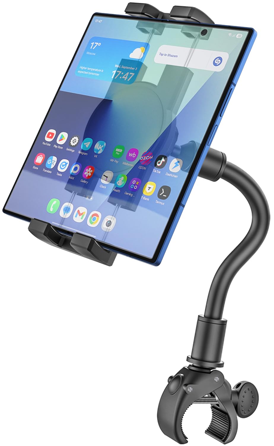 Support de tablette pour vélo d'appartement pour téléphone de 4,7 à 11" et iPad - Col de cygne - Support de tablette pour vélo d'appartement, tapis de course, guidon de poussette pour iPad Pro,