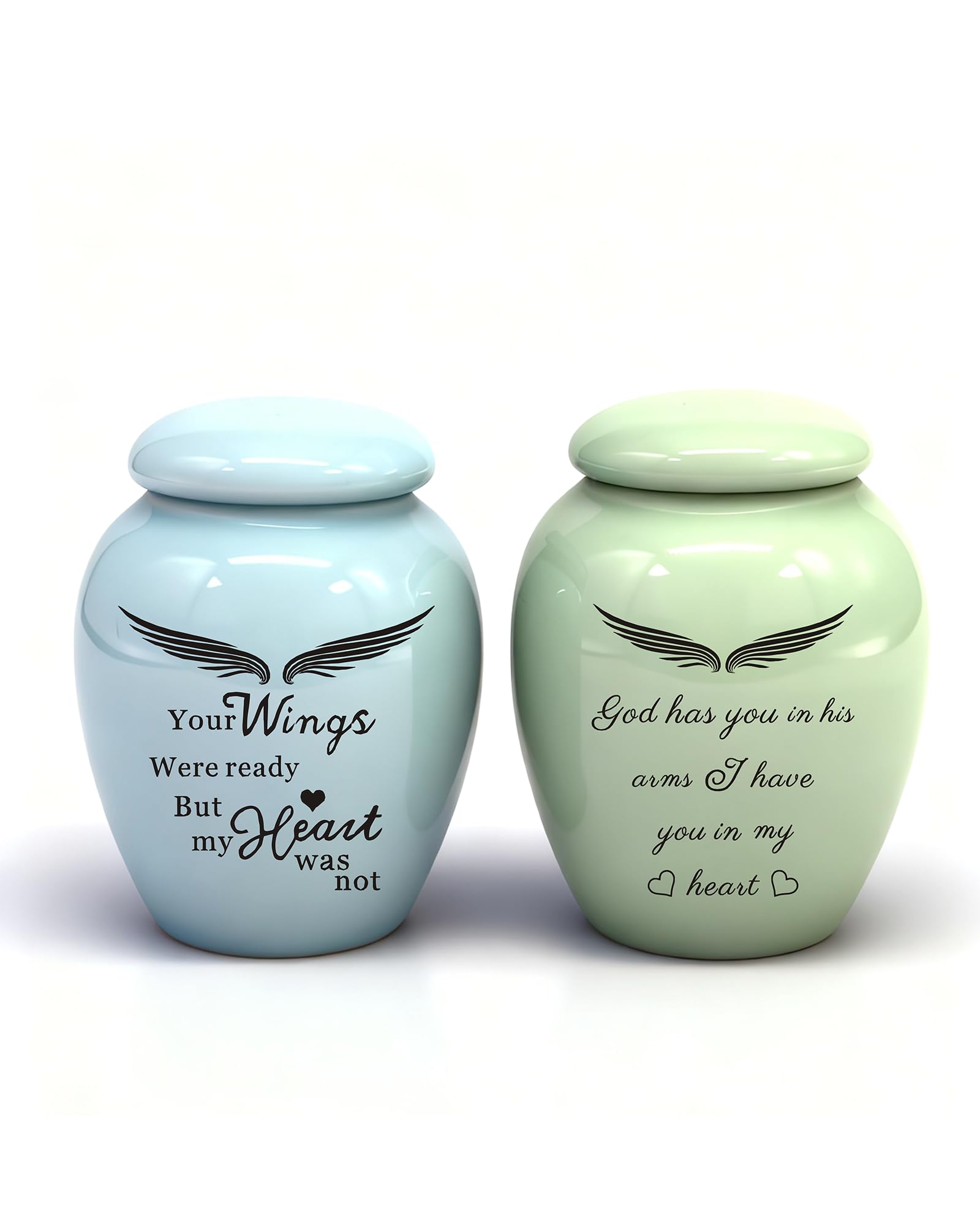 2pcs Small Urns for Human Ashes Mini Marble Finish Keepsake Urn for Pet Cat Dog Ashes Memorial Cremation Ceramics Mini Urns Decorative Funeral Urns (Blue Wing&Green God)