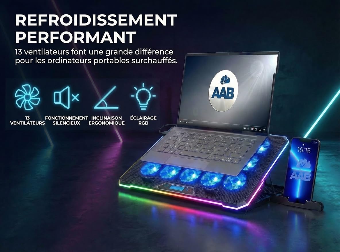 AABCOOLING Quantum -Ventilateur PC Gamer 9-17" -Support De Téléphone - Éclairage RVB - 13 LED Ventilateurs Silencieux, Efficaces -Réglage de 9 Niveaux - Contrôle LCD - Refroidisseur Laptop Cooler