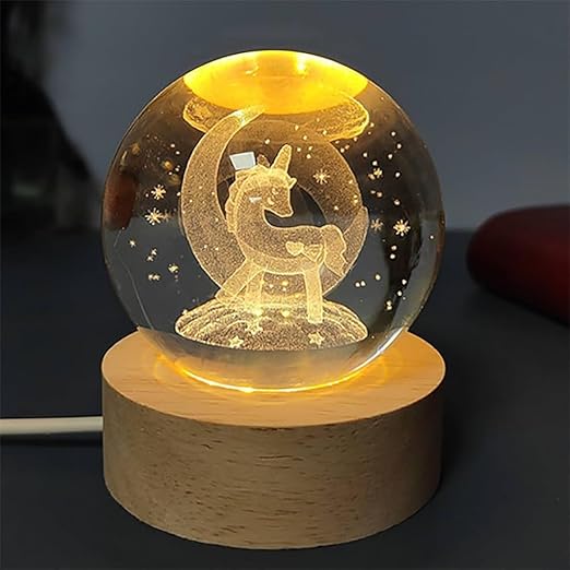 3D Unicorn Crystal Ball LED Lamp Light with Wooden Base, 7.5 Cm, for Home Decoration and Gift