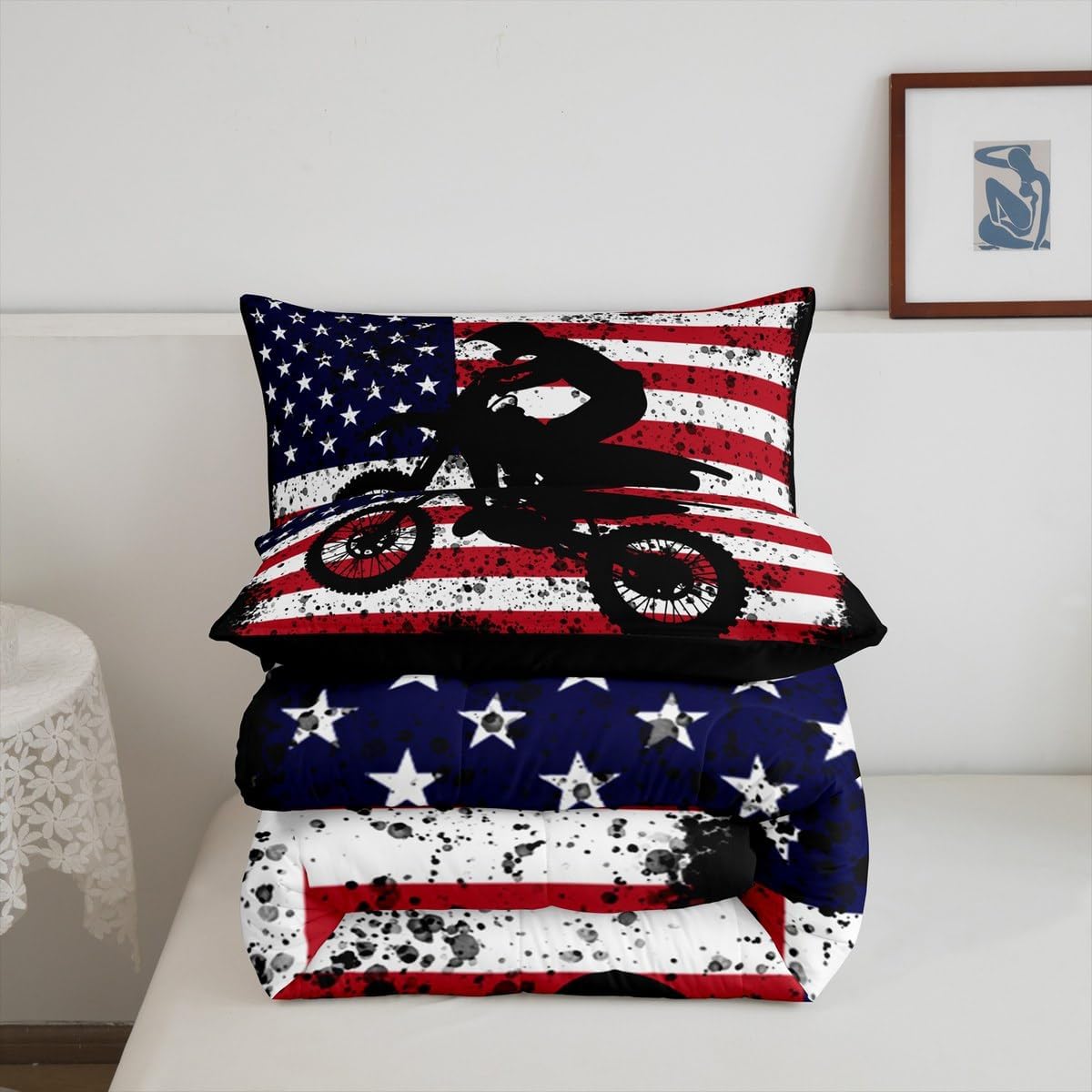 Dirt Bike Twin Bedding Set,Motorcycle Rider Comforter Set Reversible Bed Set Boys Men Bedroom Decor,Vintage American Flag 2 Pieces Quilt Set,Extreme Sports Tie Dye Duvet Insert,1 Pillow Case