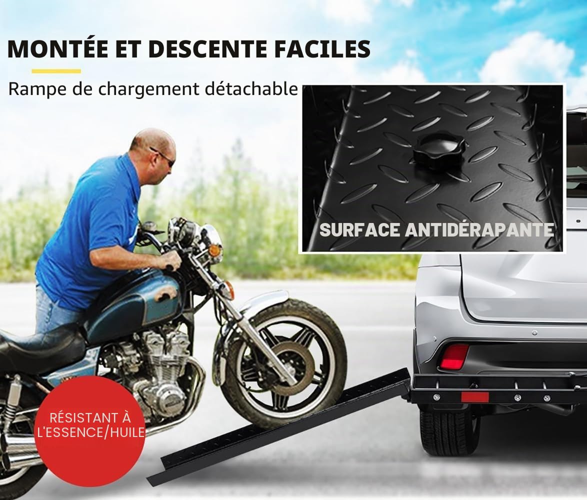 Support pour moto pour crochet de remorquage de voiture, capacité 227 kg, hauteur réglable et arrêt roue avec rampe, solution de transport sécurisée