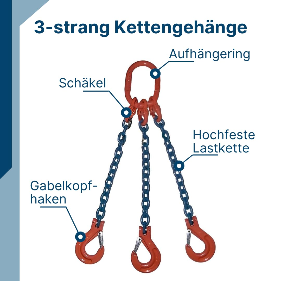 SHT 3-Strang Anschlagkette/Kettengehänge GK 8 | Kettendicke 8 mm | mit Verkürzungshaken | Tragfähigkeit: 4250 kg (0-45°) & 3000 kg (45-60°) | Nutzlänge: 5 m