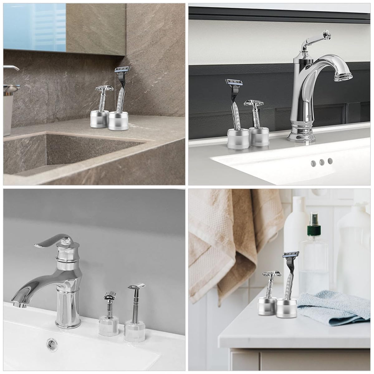 ifundom Supporto per Rasoio in Lega di Alluminio 2 Pezzi Argento, Base Robusta e Liscia per Organizzare Bagno Design Sicuro e Pratico